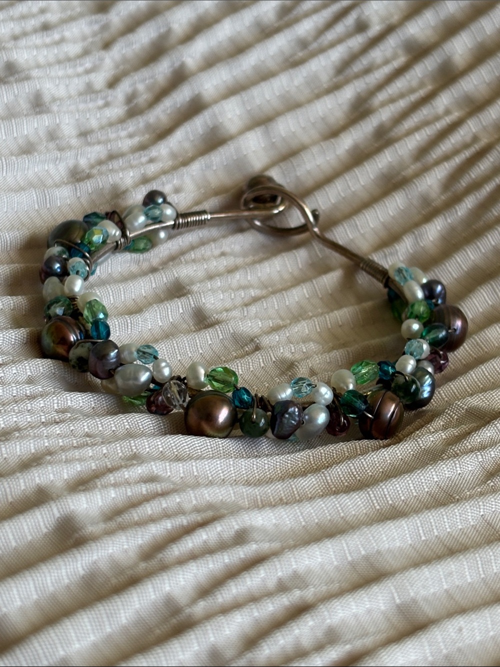 Multi-Color Pearl & Glass Bead Wire-Wrapped Bracelet - Women Jewelry